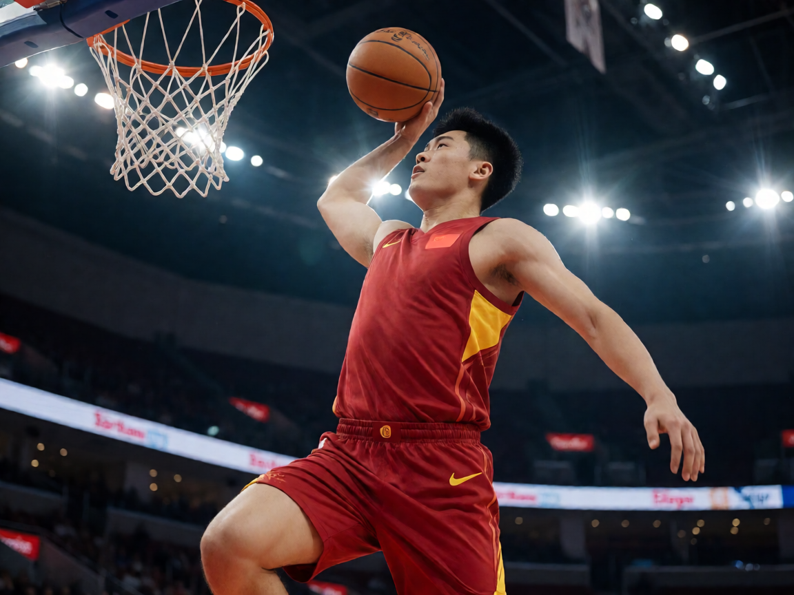 NBA篮球比赛中球员扣篮的精彩瞬间，球馆灯光聚焦